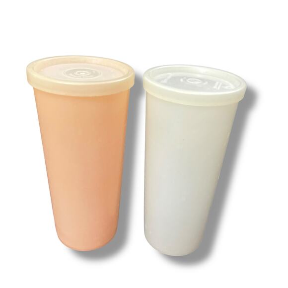 Tupperware 12 oz Tumblers Cups Peach White 115 Lid Seal Set 2 Kitchen Vintage - Picture 2 of 10